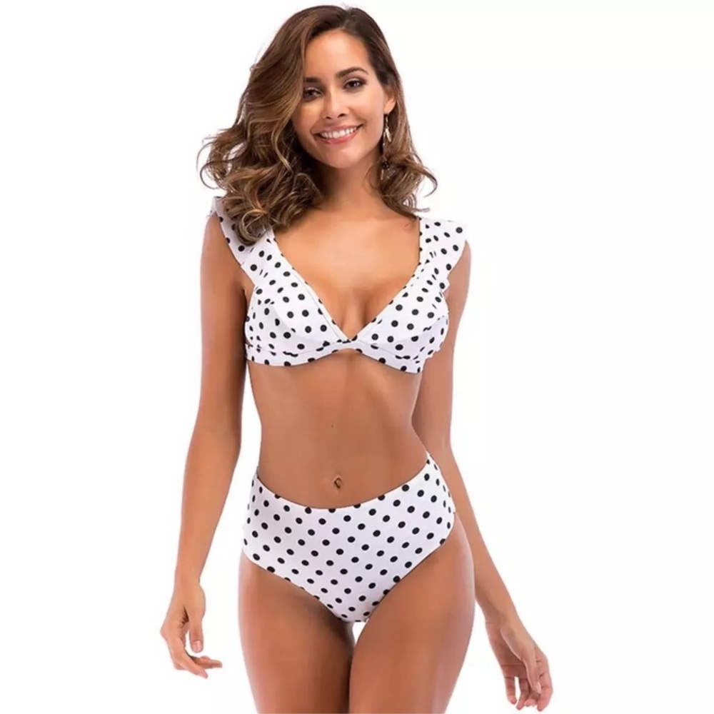 White Polka Dot Ruffle Bikini Set Size Med / Large